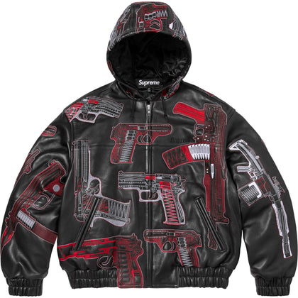 Guns Embroidered Hooded Leather Jacket