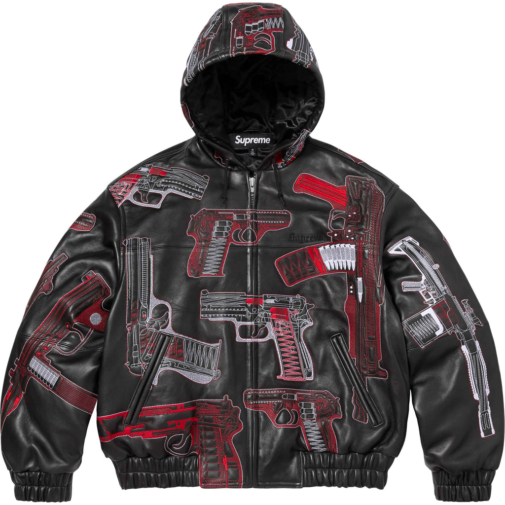 Guns Embroidered Hooded Leather Jacket