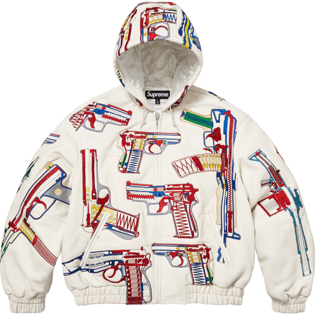 Guns Embroidered Hooded Leather Jacket