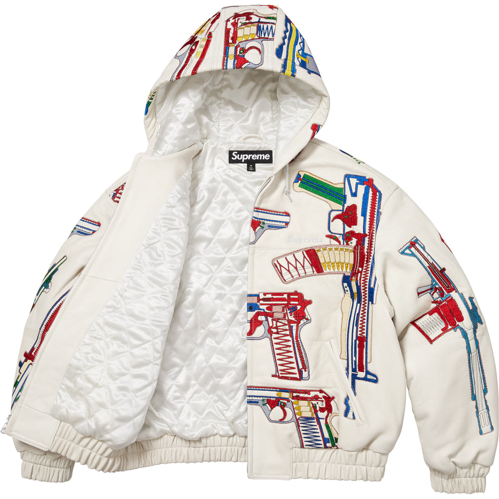 Guns Embroidered Hooded Leather Jacket - Image 2