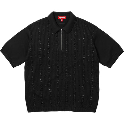 Beaded Zip S/S Polo Sweater