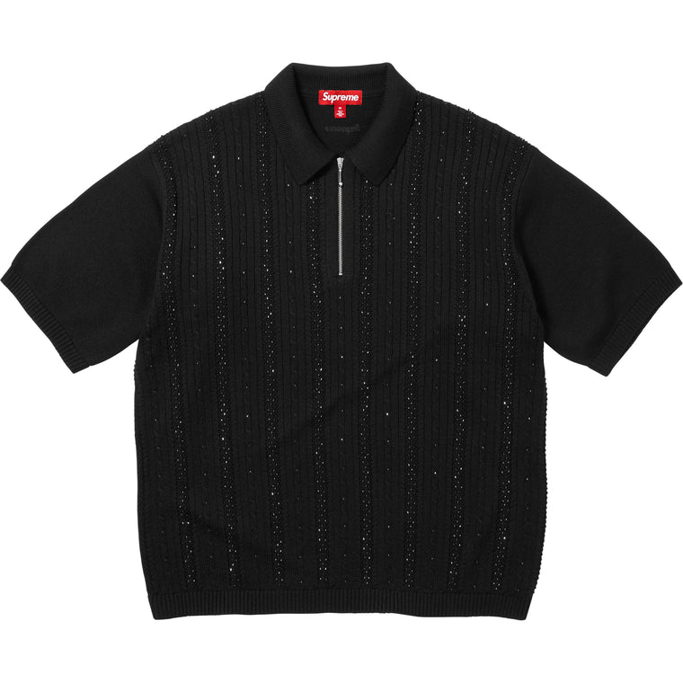 Beaded Zip S/S Polo Sweater
