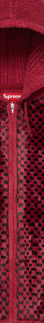 Checkerboard Faux Fur Zip Up Hooded Sweater - Image 4