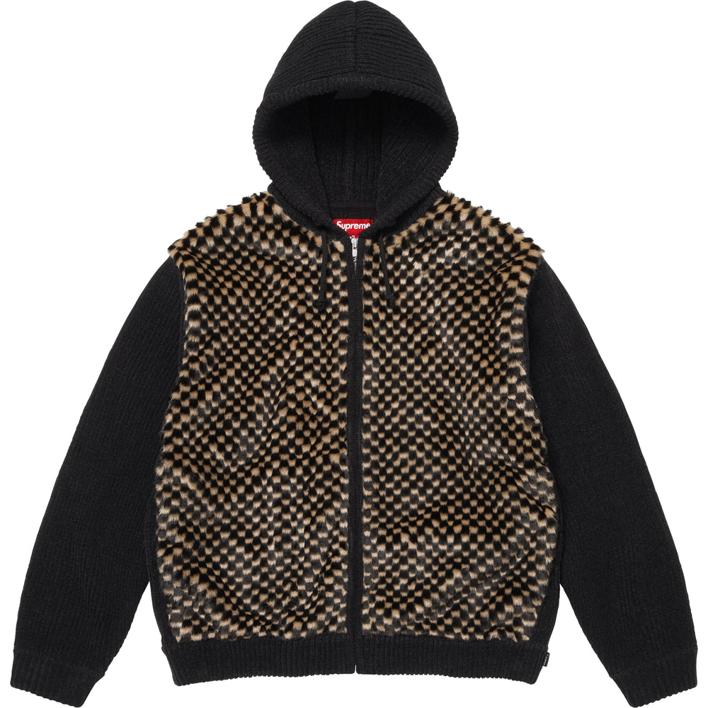 Checkerboard Faux Fur Zip Up Hooded Sweater