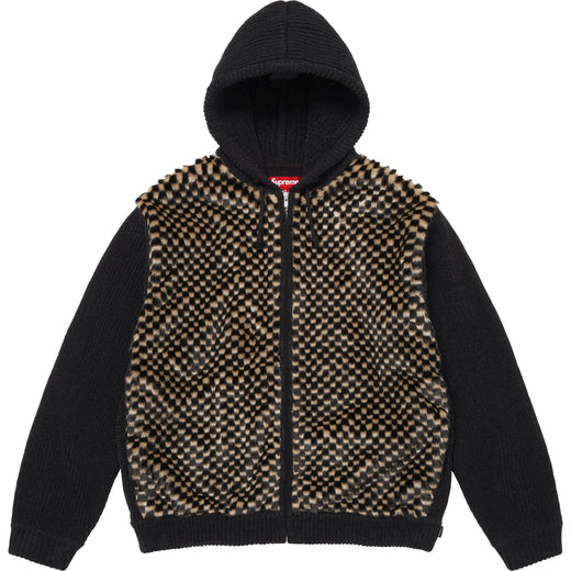 Checkerboard Faux Fur Zip Up Hooded Sweater