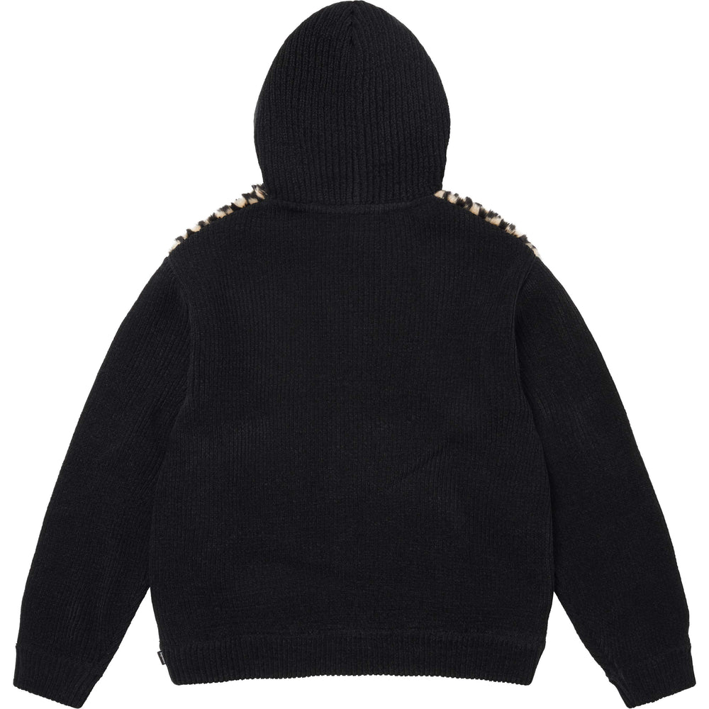 Checkerboard Faux Fur Zip Up Hooded Sweater - Image 2